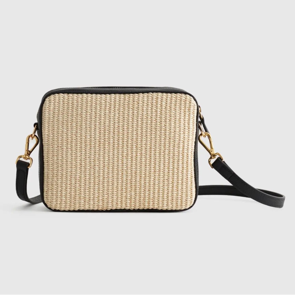 LIKE NEW Italian Leather & Raffia Crossbody Bag - Black and Tan